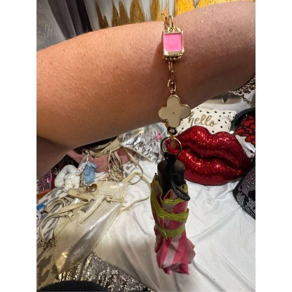 Victoria's secret VS signature stripe w/neon green trim & wristlet chain - Picture 8 of 10